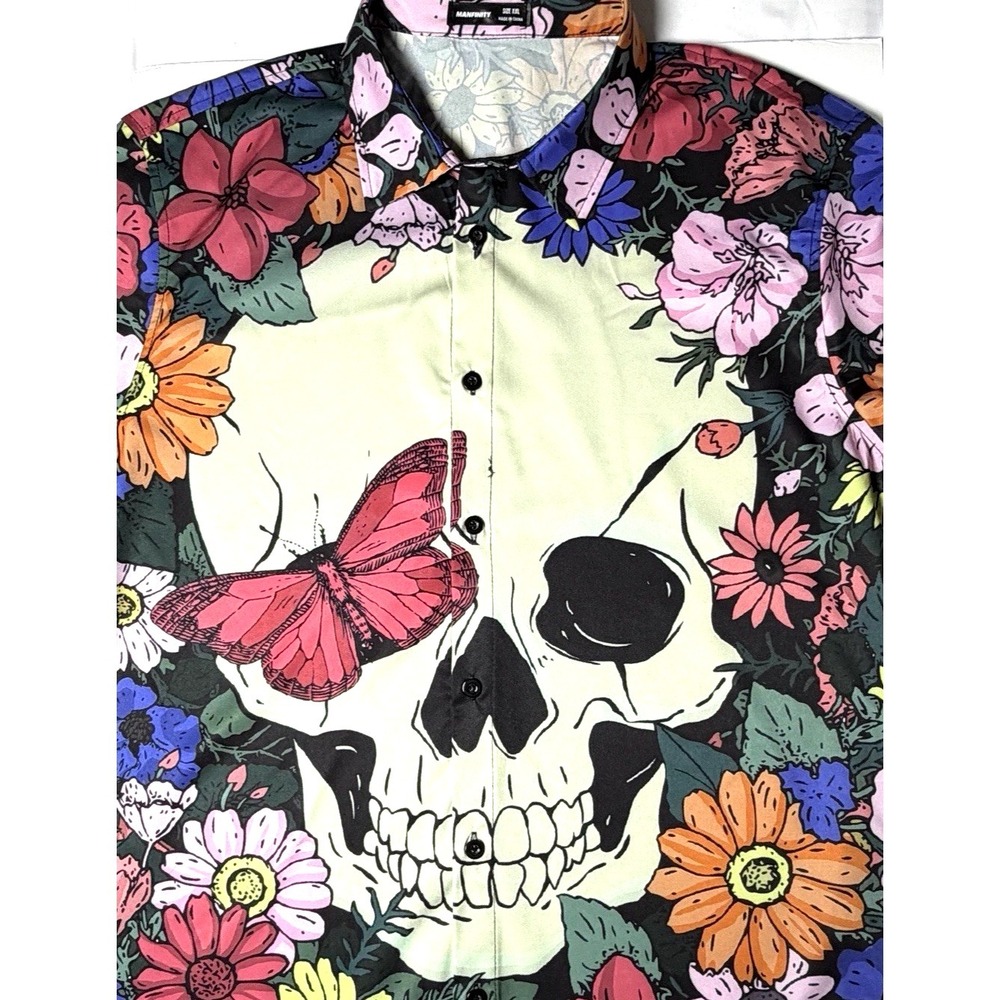 Men's Skull Floral Button Up Shirt 2XL Hawaiian Camp Rockabilly